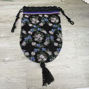 Antique Micro Beaded Drawstring Black Purse